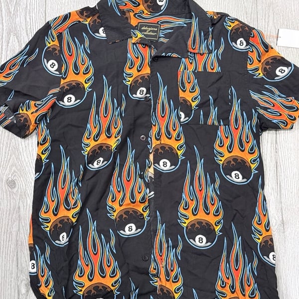 Delusions of Grandeur Flaming 8-Ball Short Sleeve Button Down Shirt