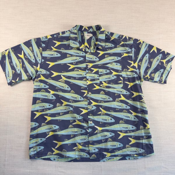 J.Crew Men's Fish Print Short Sleeve Cotton Button Down Shirt Size L