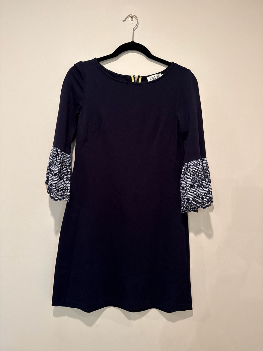 Eliza J Navy Blue Shift Dress with Striped Embroidered Bell Sleeves Size 4 2