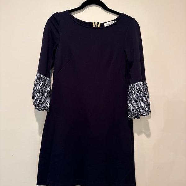 Eliza J Navy Blue Shift Dress with Striped Embroidered Bell Sleeves Size 4