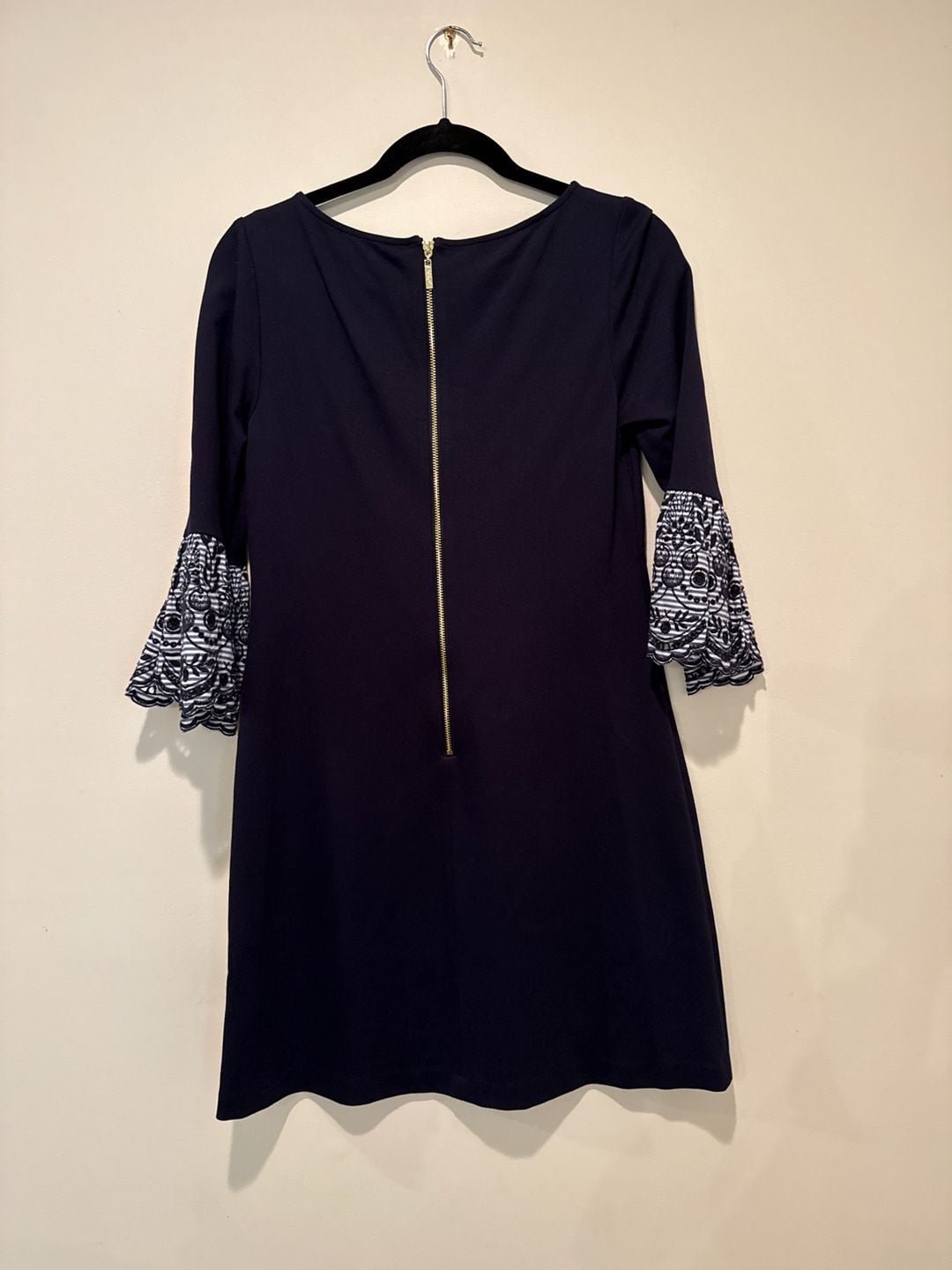 Eliza J Navy Blue Shift Dress with Striped Embroidered Bell Sleeves Size 4 5
