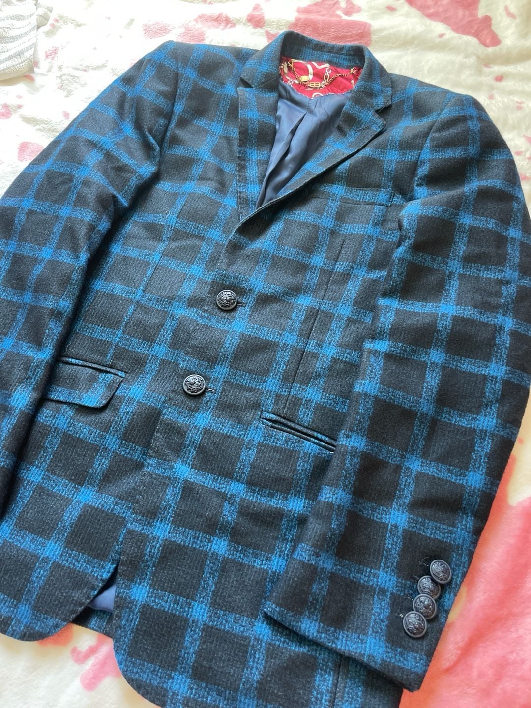 Elie Balleh Blue and Black Plaid Blazer Sport Coat Boy's Size XL 18/20 2