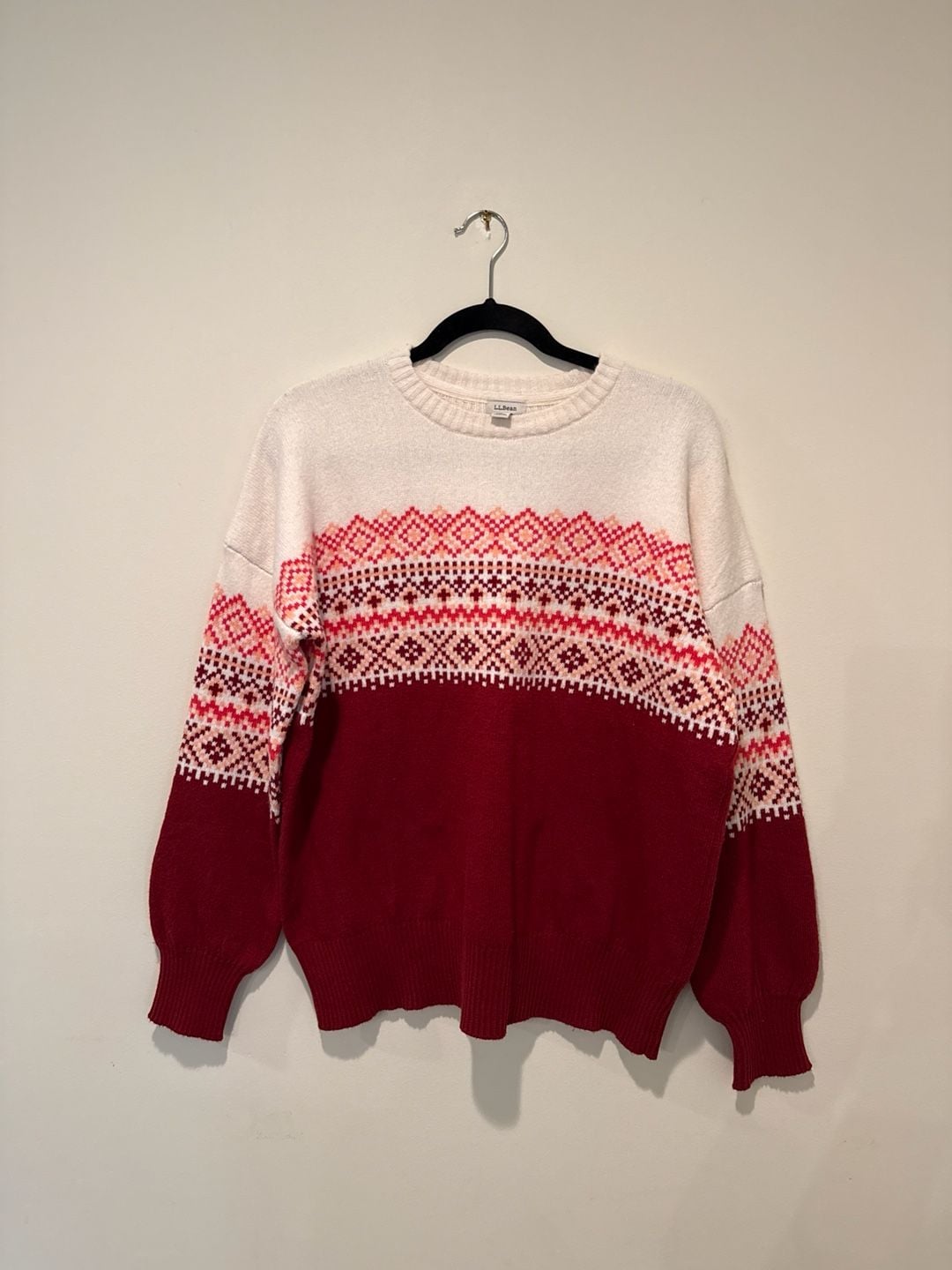 L.L.Bean Women's Fair Isle Colorblock Crew Sweater, Red/White, Size S Regular 2