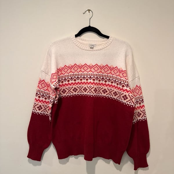 L.L.Bean Women's Fair Isle Colorblock Crew Sweater, Red/White, Size S Regular