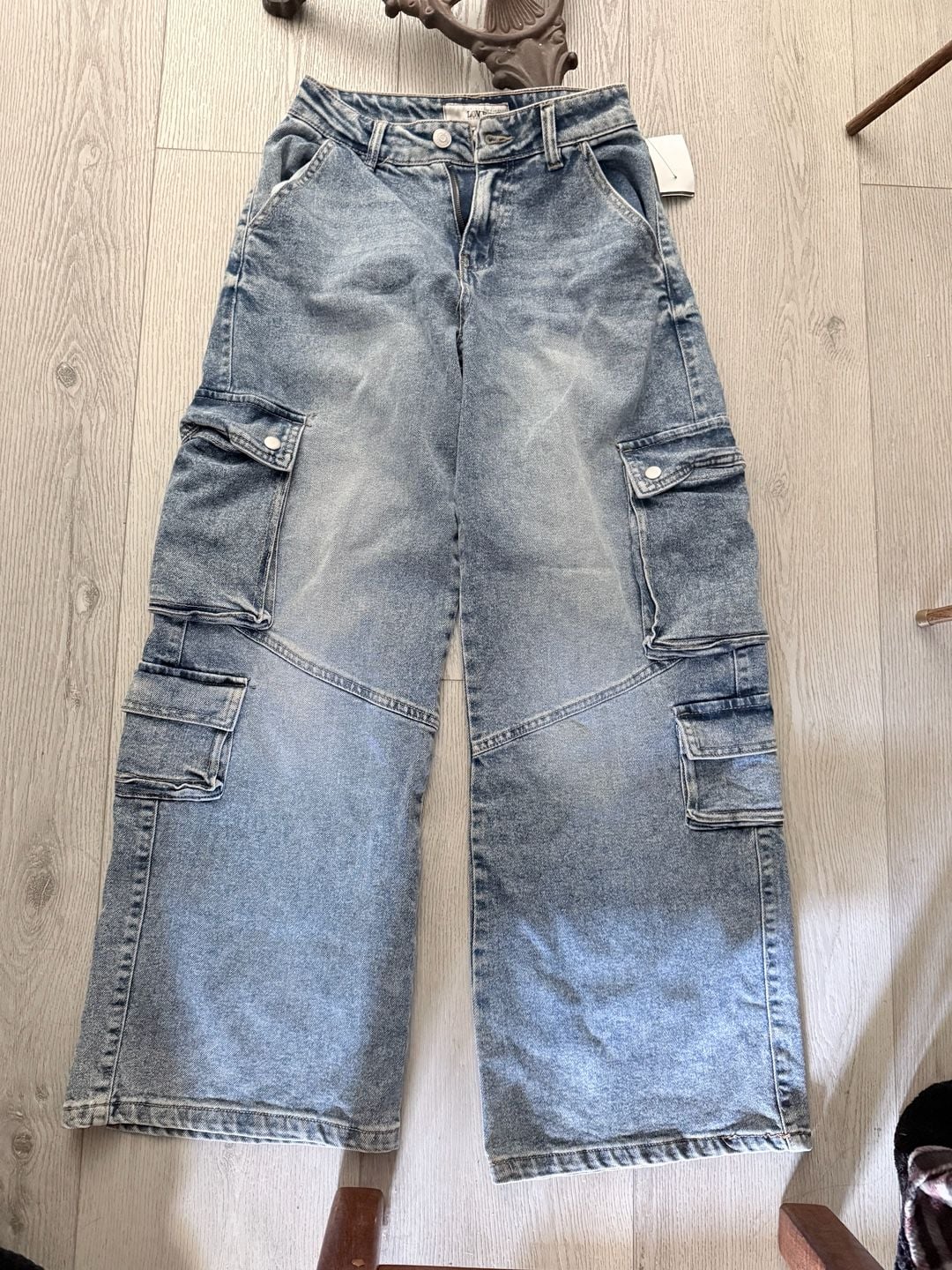 Love Tree Light Wash Wide Leg Denim Cargo Pants 2