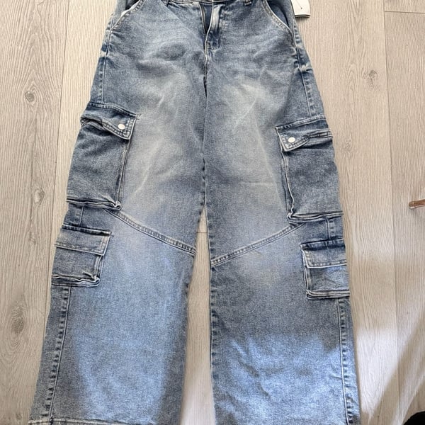 Love Tree Light Wash Wide Leg Denim Cargo Pants