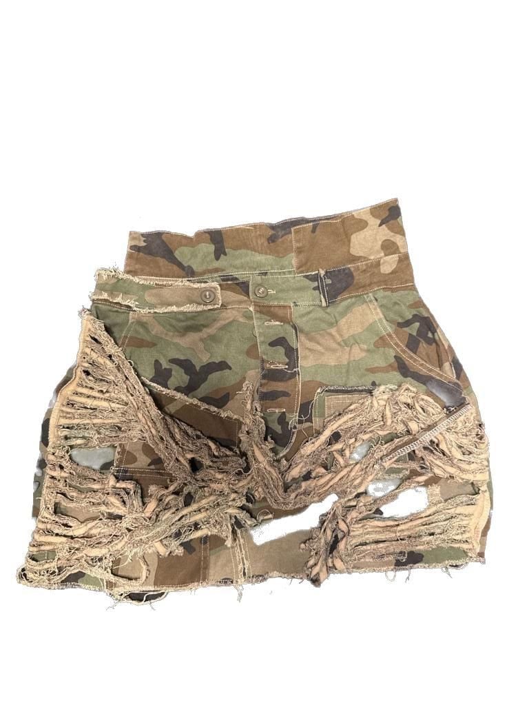MICAS Camouflage Distressed Fringe Mini Skirt Size L 3