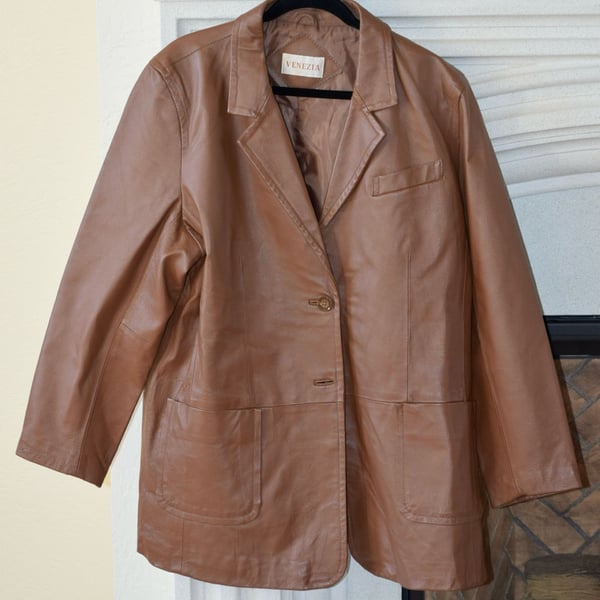 Venezia Brown Leather Two-Button Blazer Jacket