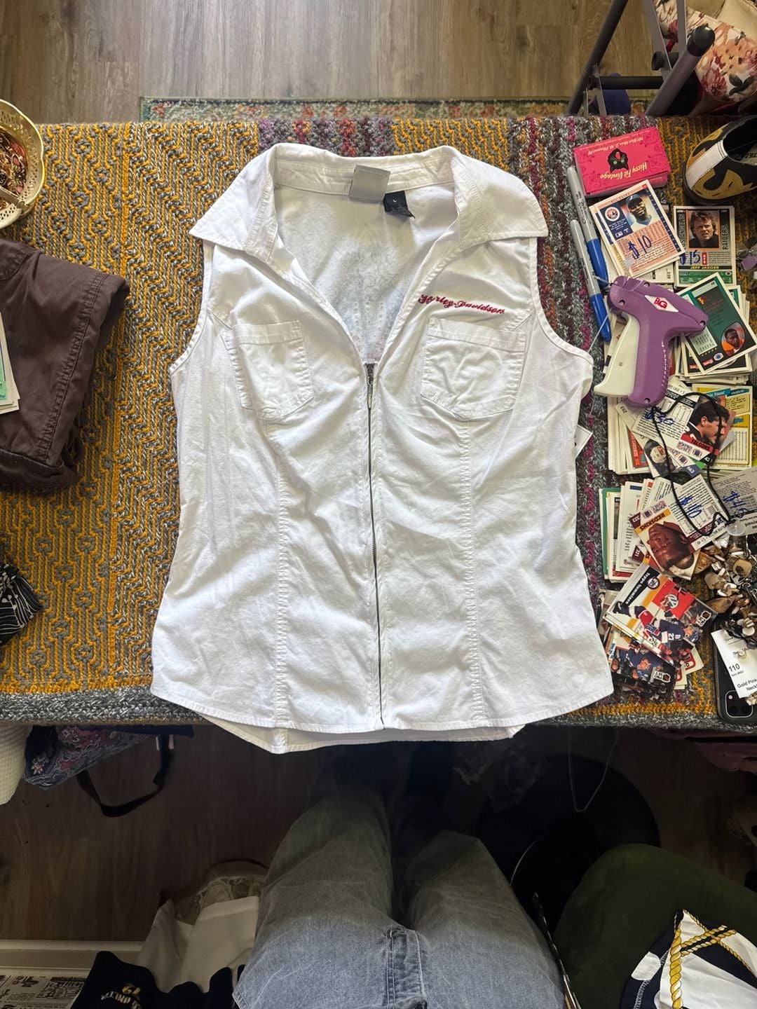 Harley-Davidson Women's vintage USA made White Sleeveless Zip-Up Graphic Shirt Size L 2