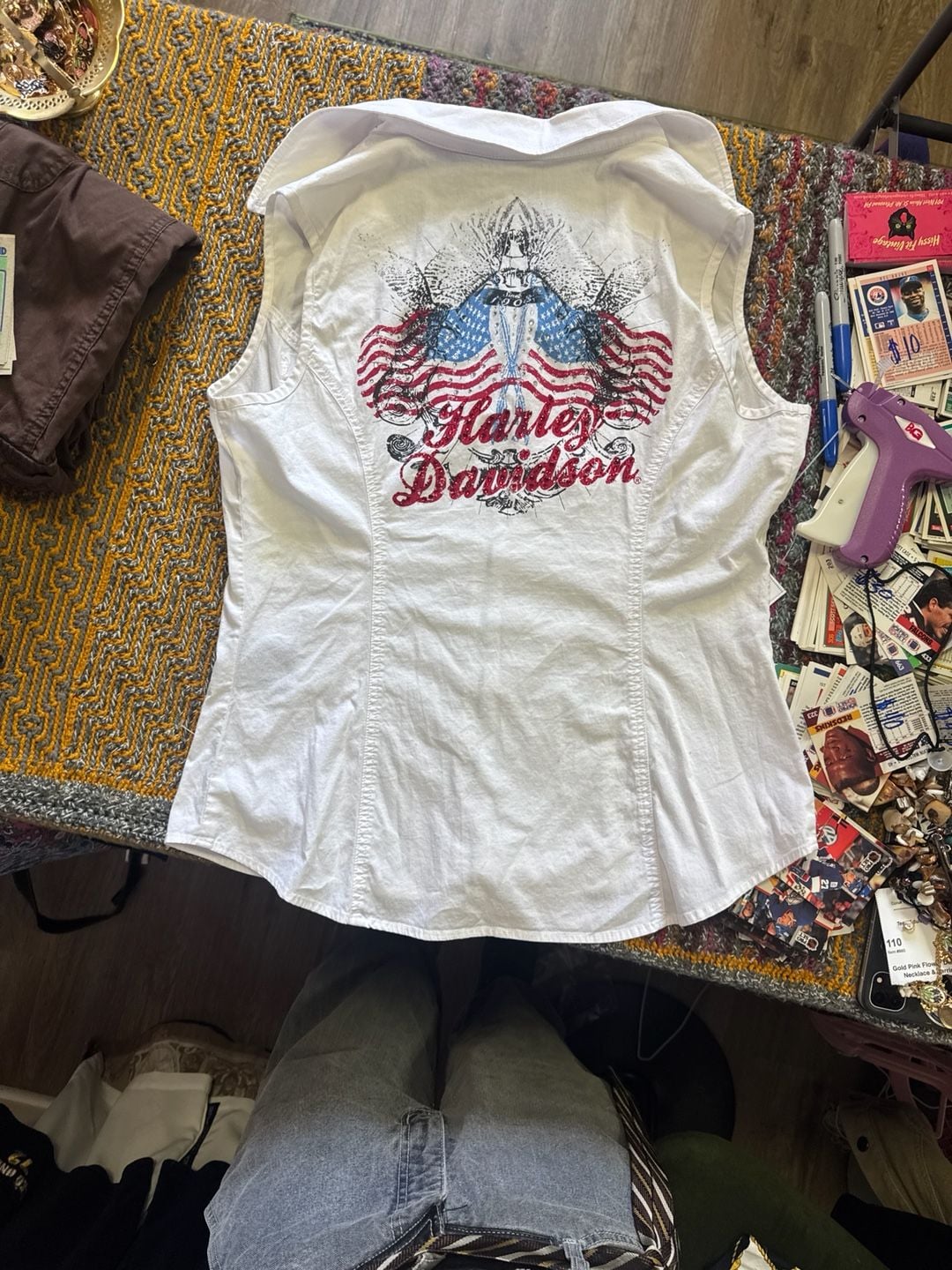 Harley-Davidson Women's vintage USA made White Sleeveless Zip-Up Graphic Shirt Size L 5