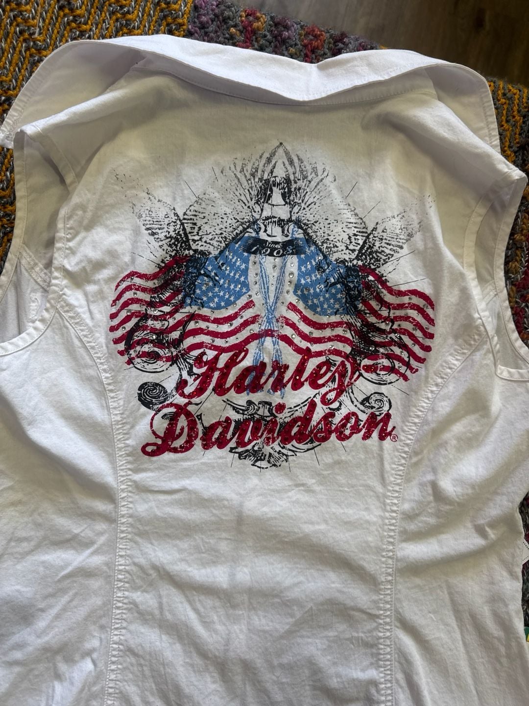 Harley-Davidson Women's vintage USA made White Sleeveless Zip-Up Graphic Shirt Size L 6