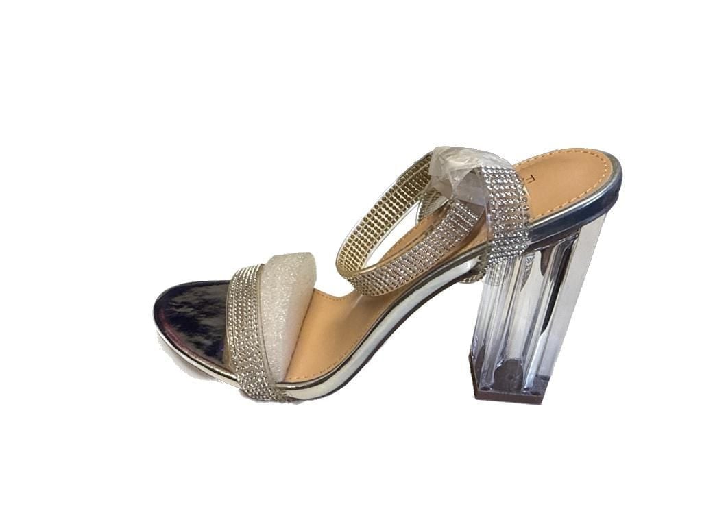 Fashion Nova Maria100 Silver Rhinestone Clear Block Heel Sandals Size 6.5 4