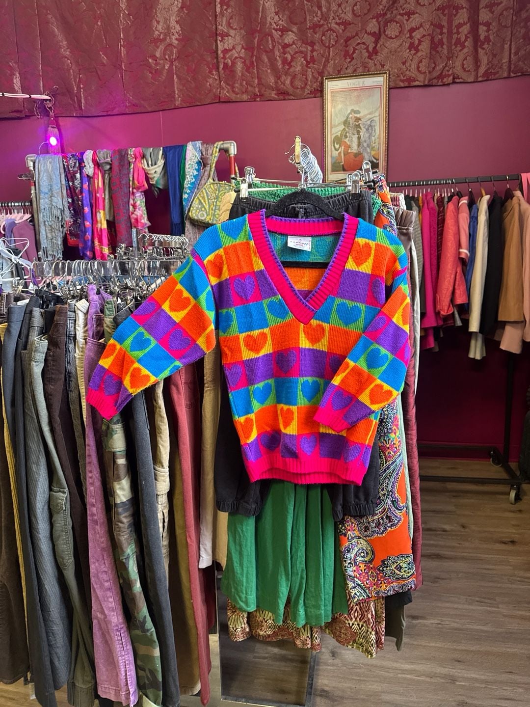 Vintage J.J. Poole Rainbow Heart Checkerboard V-Neck Acrylic Sweater 1
