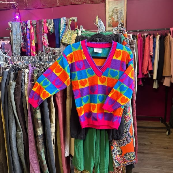 Vintage J.J. Poole Rainbow Heart Checkerboard V-Neck Acrylic Sweater