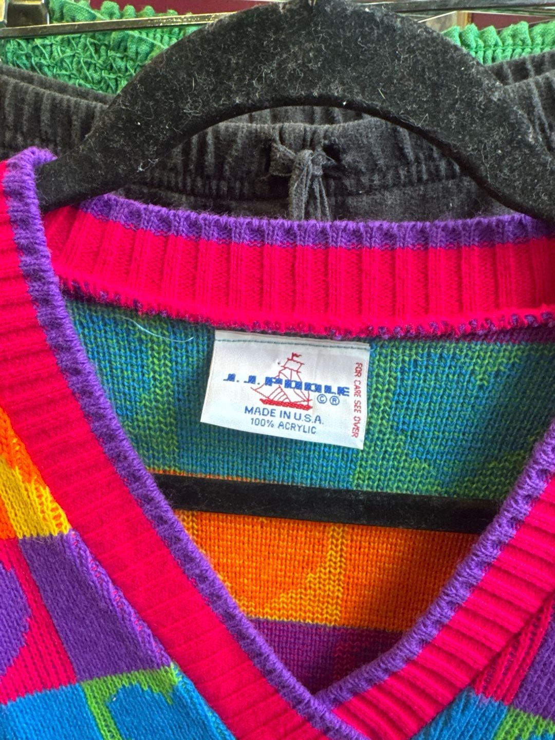 Vintage J.J. Poole Rainbow Heart Checkerboard V-Neck Acrylic Sweater 2