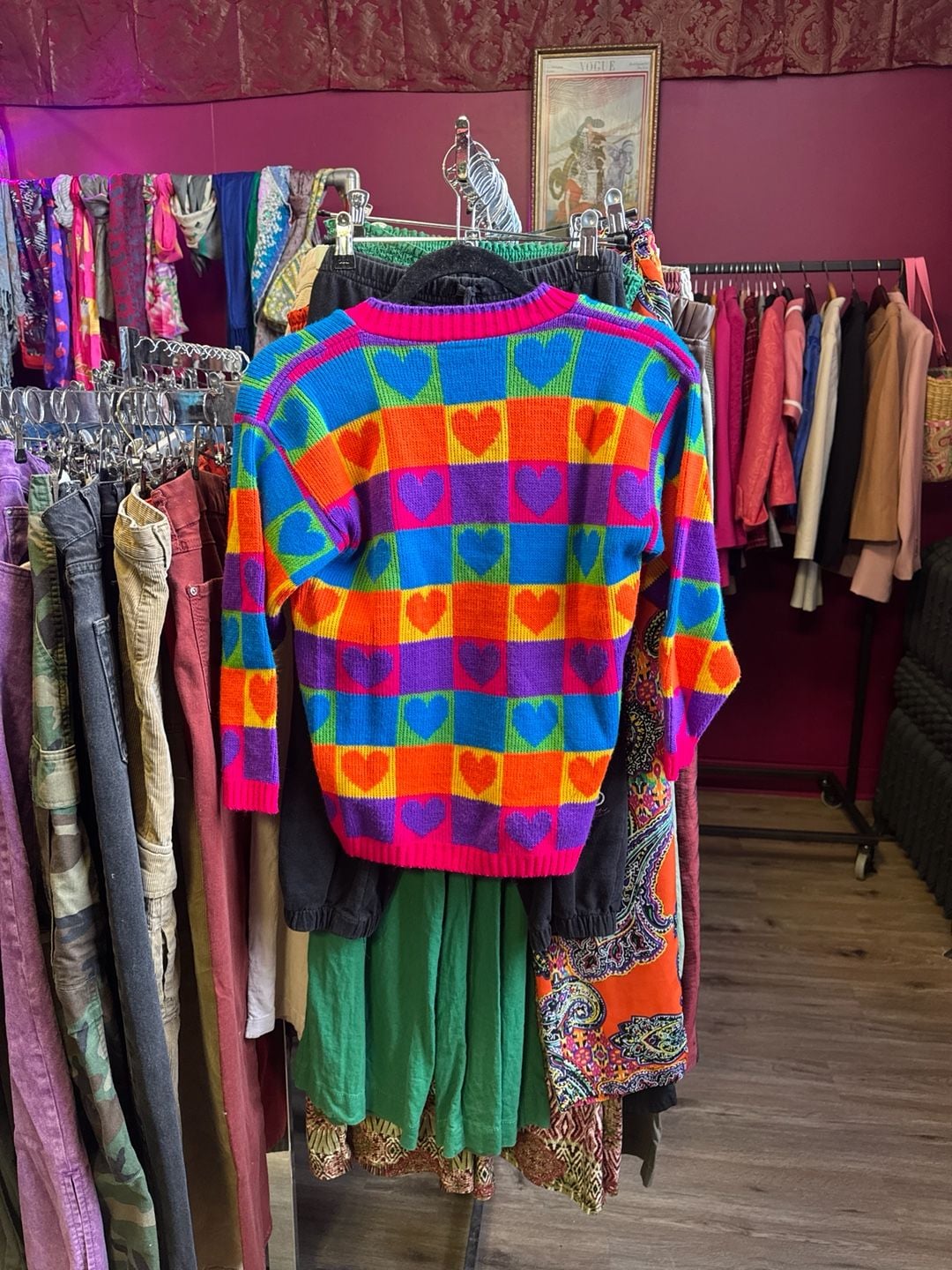 Vintage J.J. Poole Rainbow Heart Checkerboard V-Neck Acrylic Sweater 4