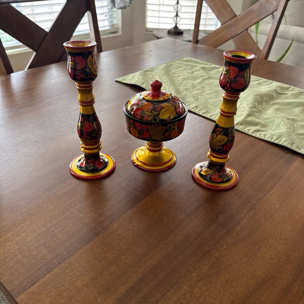 Vintage Russian Khokhloma Hand-Painted Wood Set: