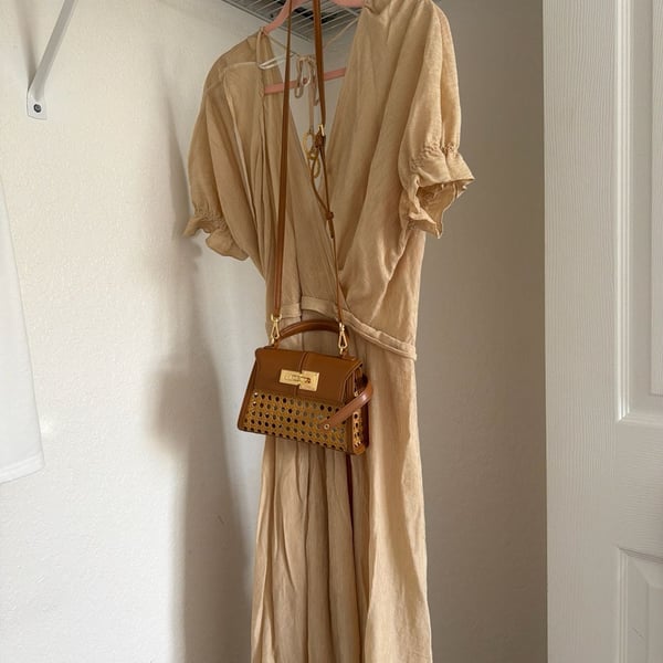 TVZ Beige Textured Wrap Midi Dress with Puff Sleeves and Beaded Back Tie Size 42