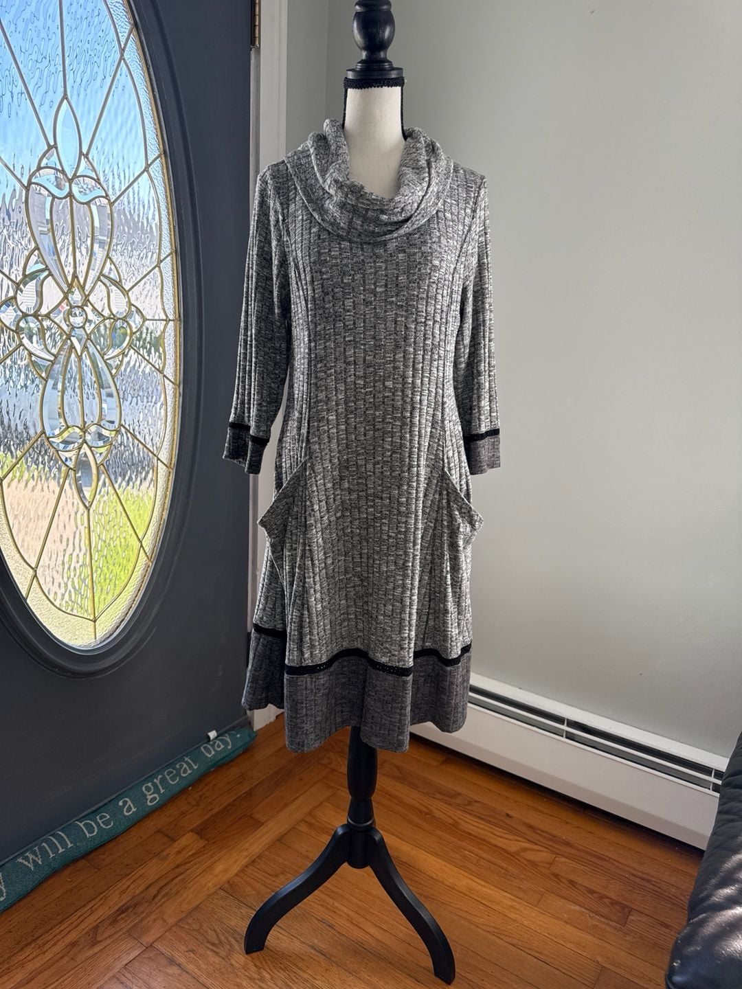 Robbie Bee Grey Ribbed Cowl Neck Knit Dress with Pockets Size L 3