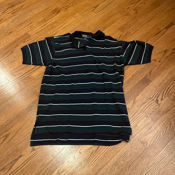 Vintage Polo Ralph Lauren Striped Pocket Polo Shirt Green Navy Burgundy Size L