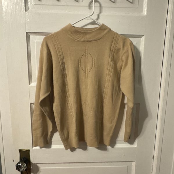 Vintage Tan Mock Neck Geometric Diamond Knit Sweater