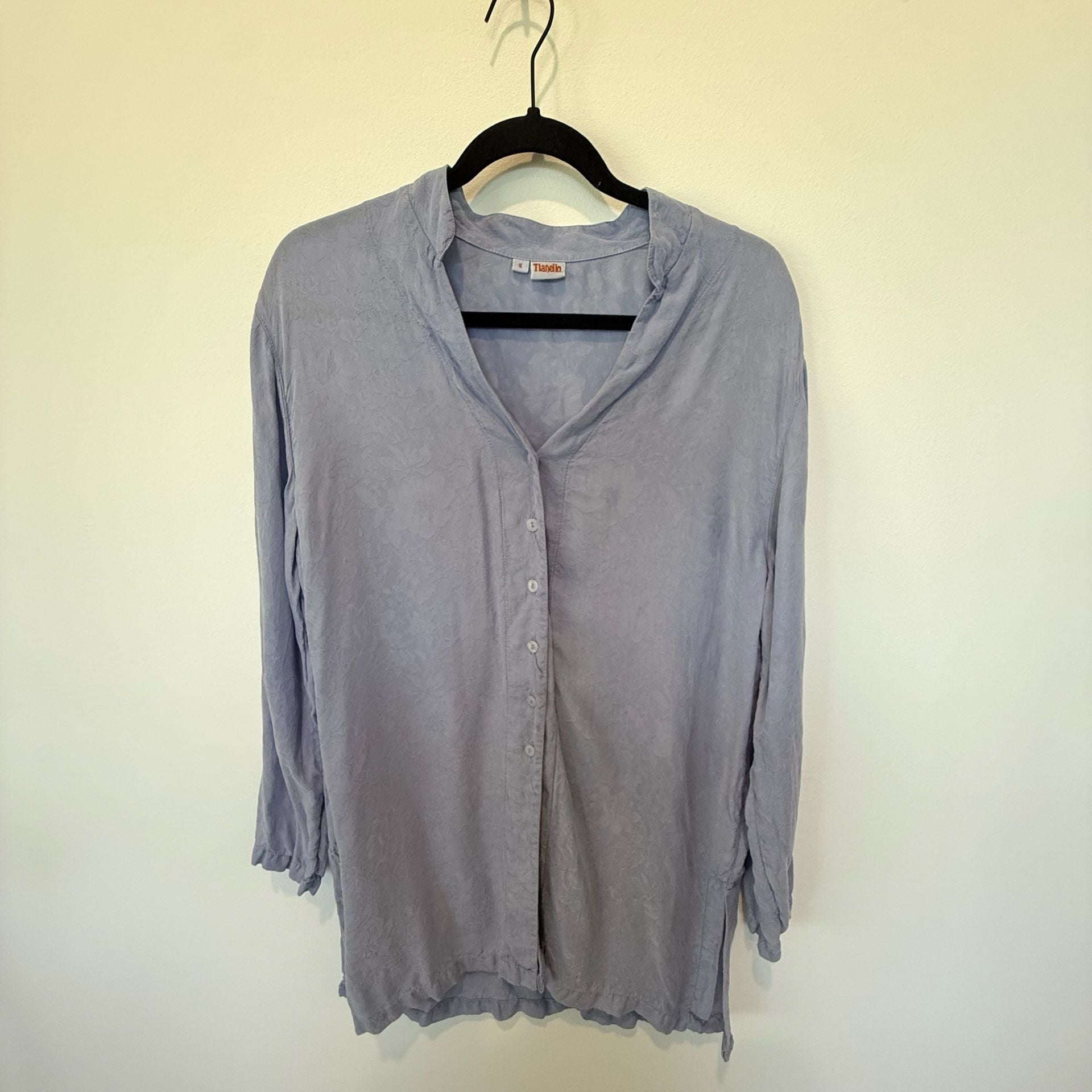 Tianello Garment Dyed 100% Rayon Floral Jacquard Button Down Tunic Shirt Size S 2