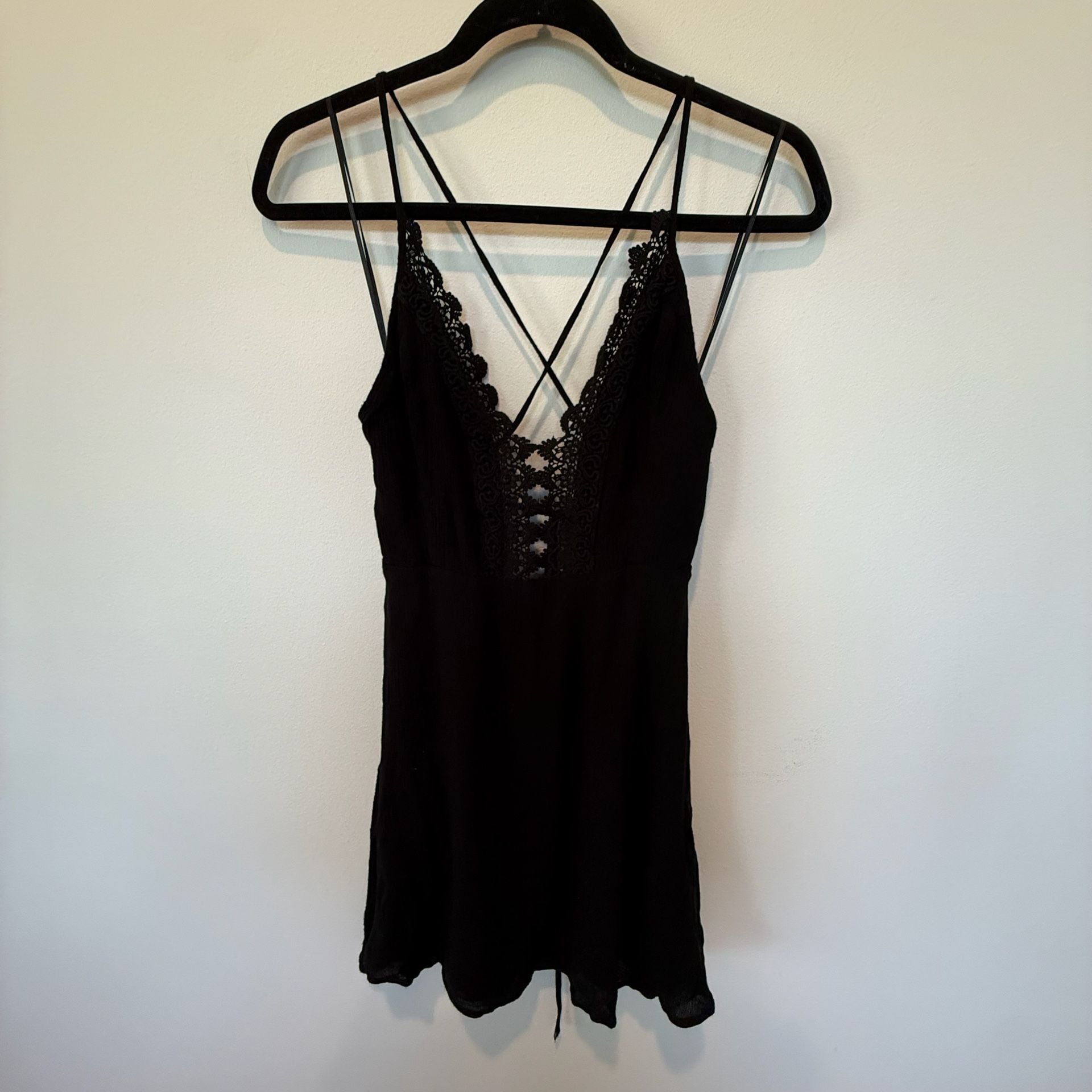 Lush Black Lace Trim Strappy Back Mini Dress Size M 2