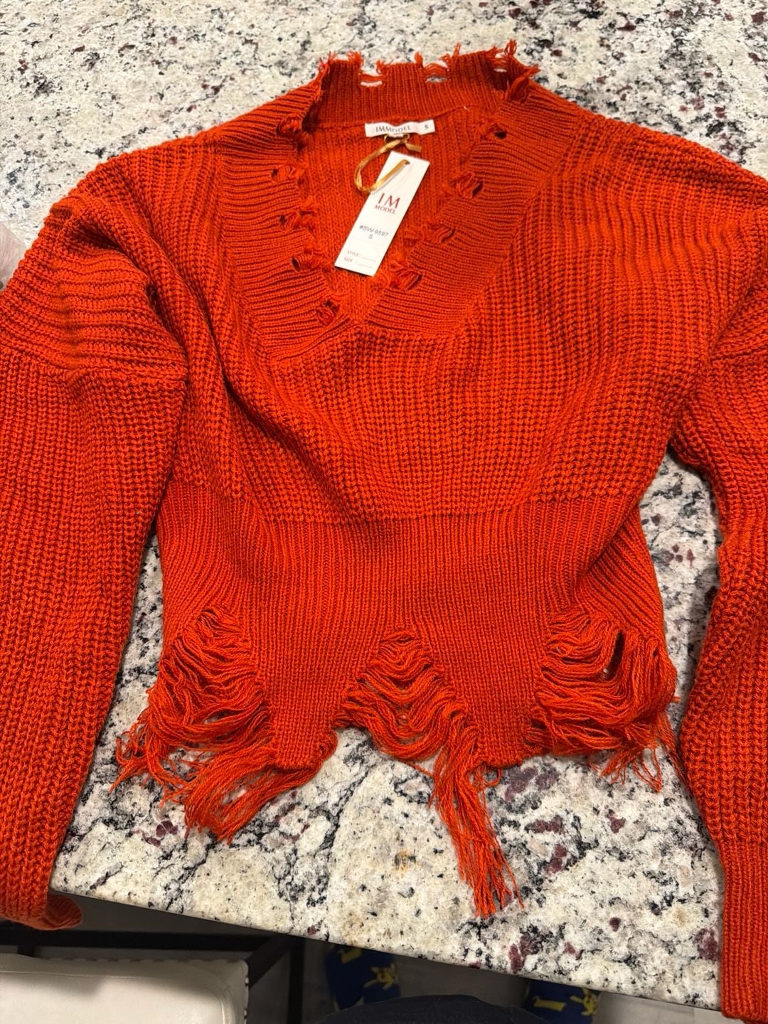 IMMODEL Distressed V-Neck Chunky Knit Sweater Orange Size S 2