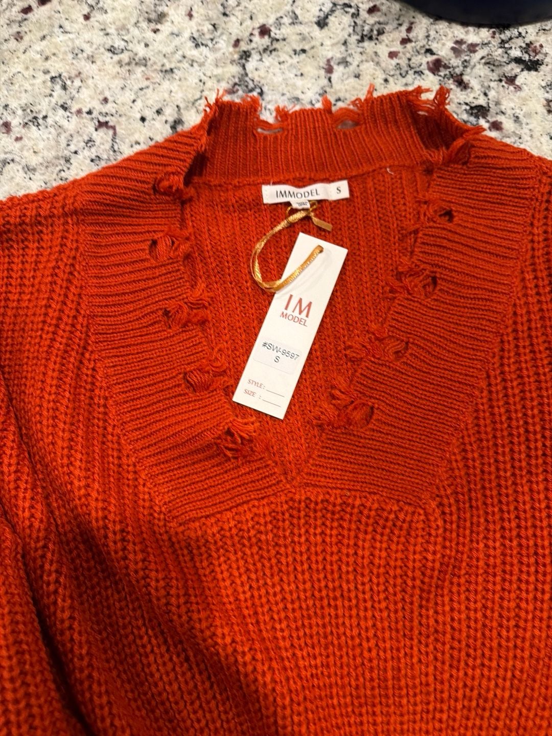 IMMODEL Distressed V-Neck Chunky Knit Sweater Orange Size S 4