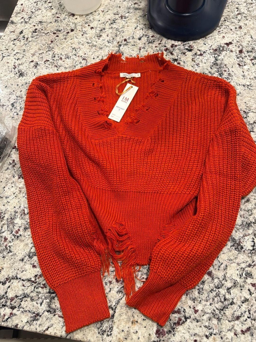 IMMODEL Distressed V-Neck Chunky Knit Sweater Orange Size S 3