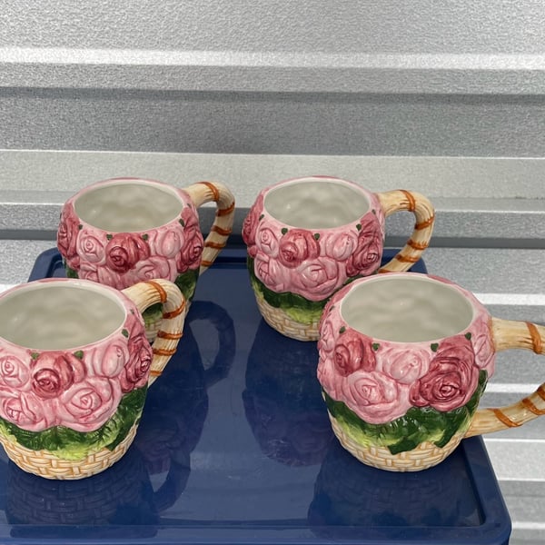 Seymour Mann Rose Bouquet Vintage 1988 Handpainted 3D Floral Basket Mugs - Set of 4