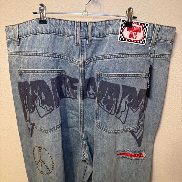 Boredom Kills Scribble Wide, Baggy Denim. Y2K, Streetwear, Grunge punk, Skater.