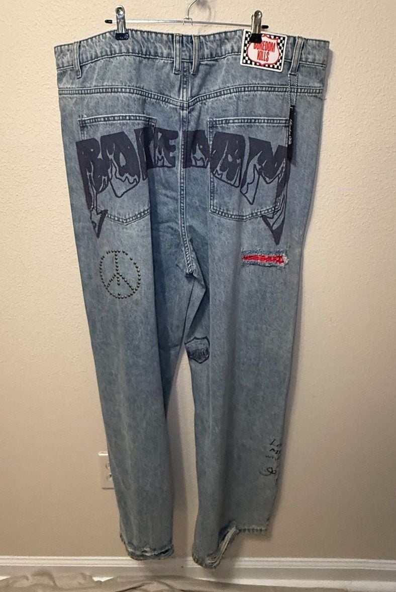 Boredom Kills Scribble Wide, Baggy Denim. Y2K, Streetwear, Grunge punk, Skater. 9