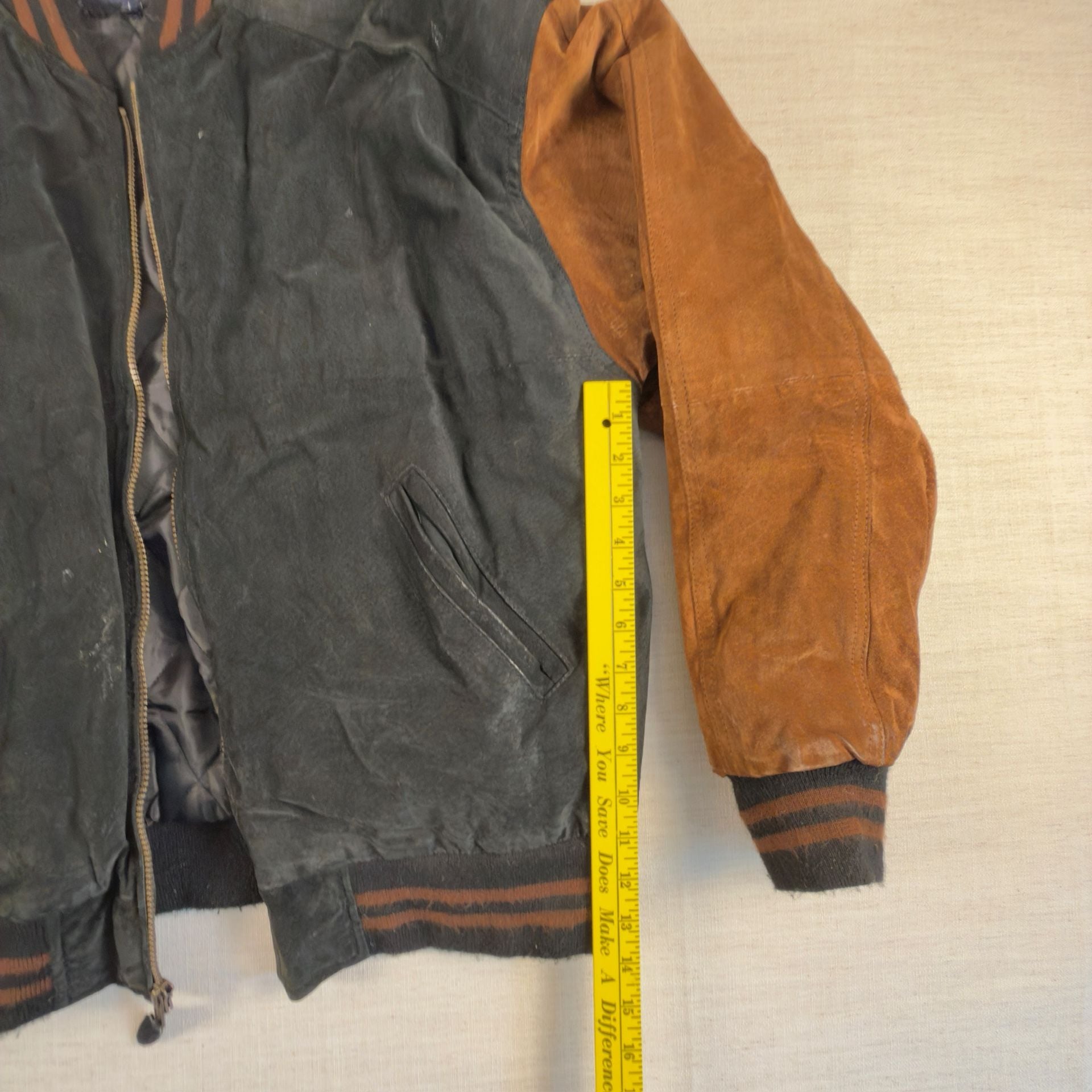 Vintage Basic Editions Two-Tone Suede Leather Varsity Bomber Jacket 7