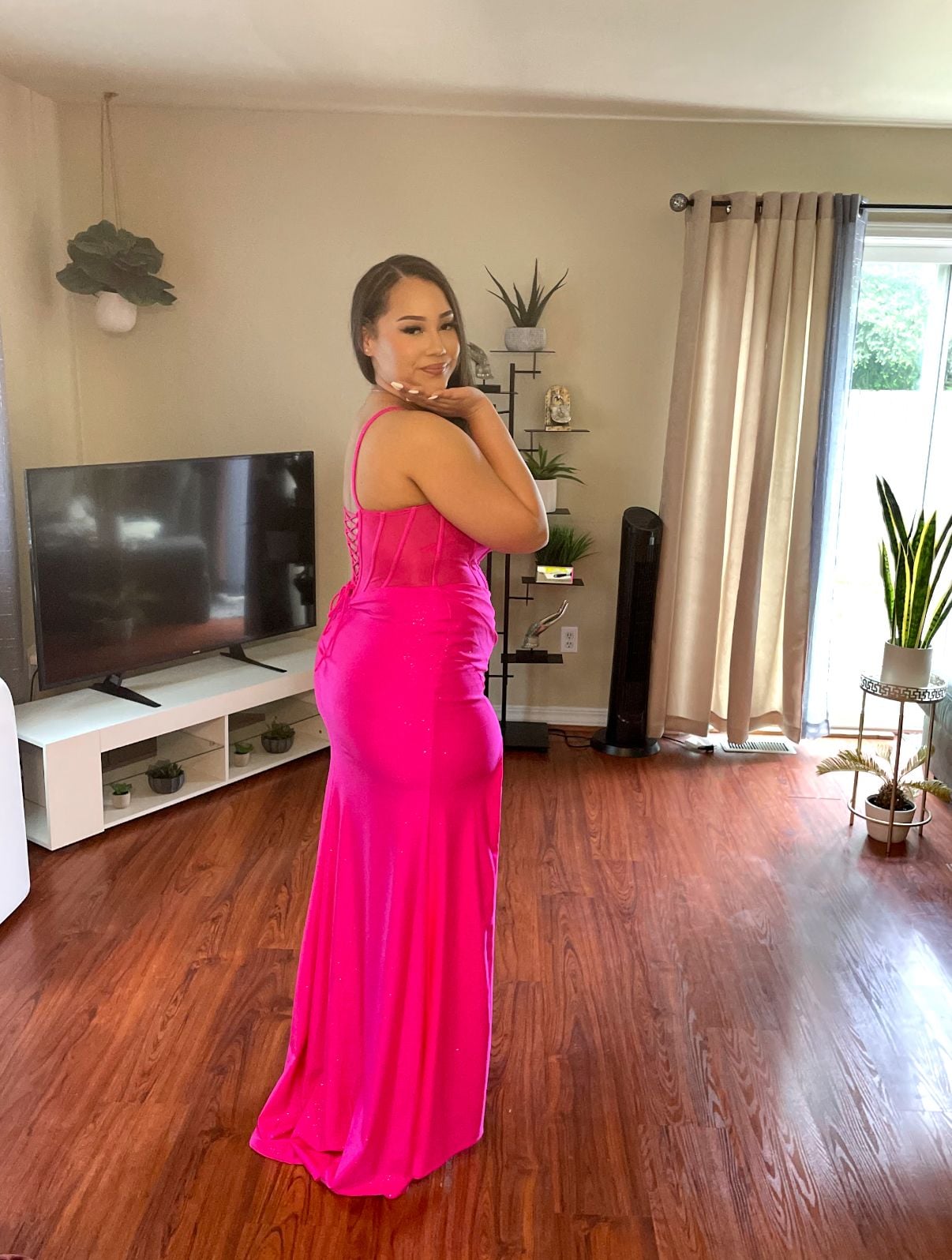 Neon Hot Pink Glitter Corset Gown with Rhinestone Bodice and Lace-Up Back 8