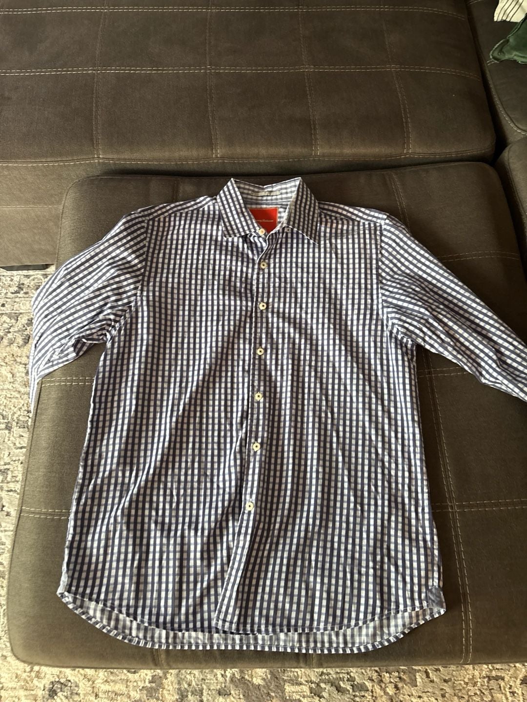 Tommy Bahama Men's Long Sleeve Blue and White Gingham Plaid Cotton Dress Shirt 10