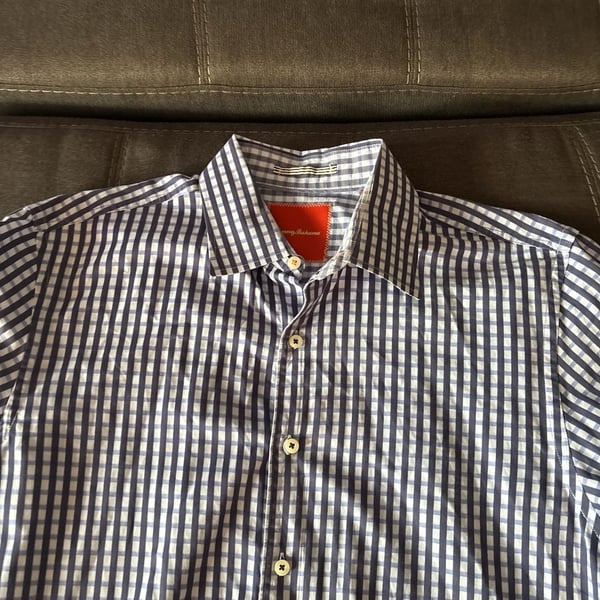 Tommy Bahama Men's Long Sleeve Blue and White Gingham Plaid Cotton Dress Shirt