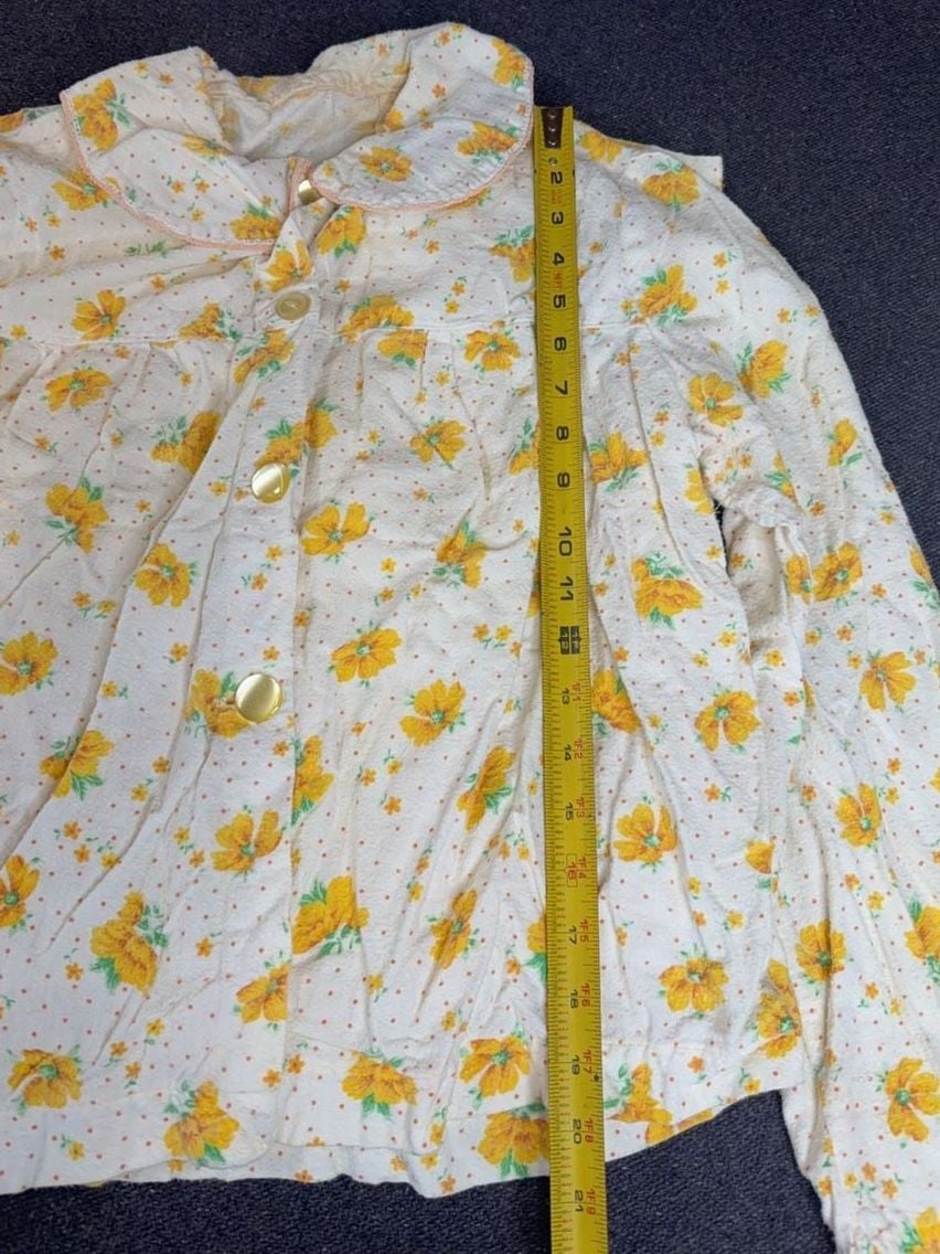 Vintage Yellow Floral Button Down Pajama Set Two Piece Sleepwear Medium 2