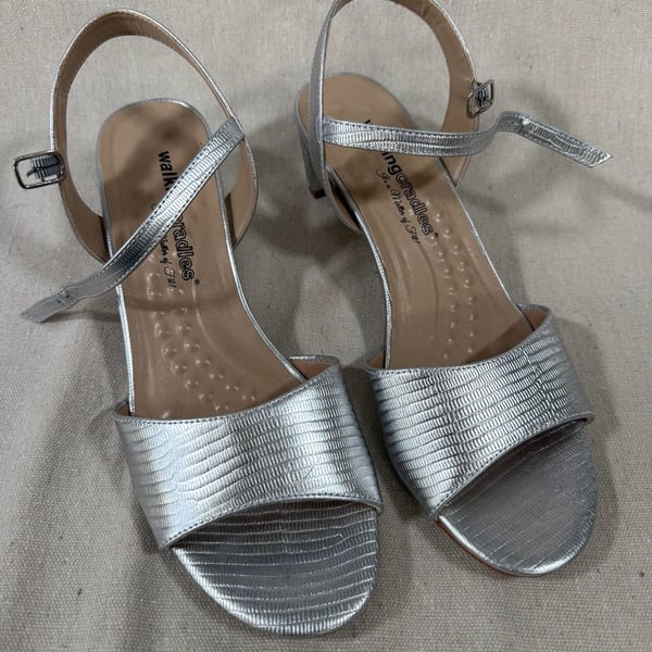 Walking Cradles Liza Silver Lizard Print Block Heel Sandals