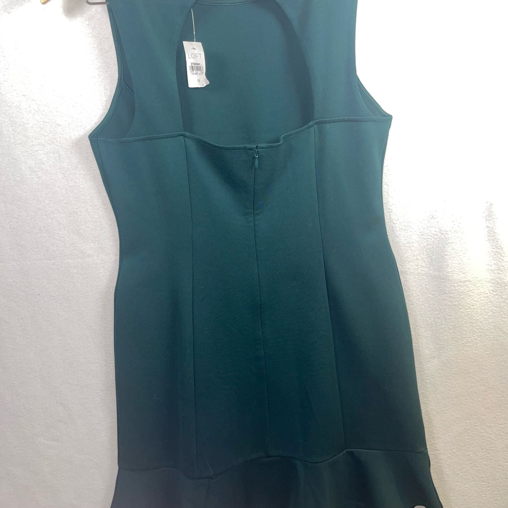 NWT Loft Cutout Back Ponte Flounce Dress in Antique Jade Green, Size 6 8