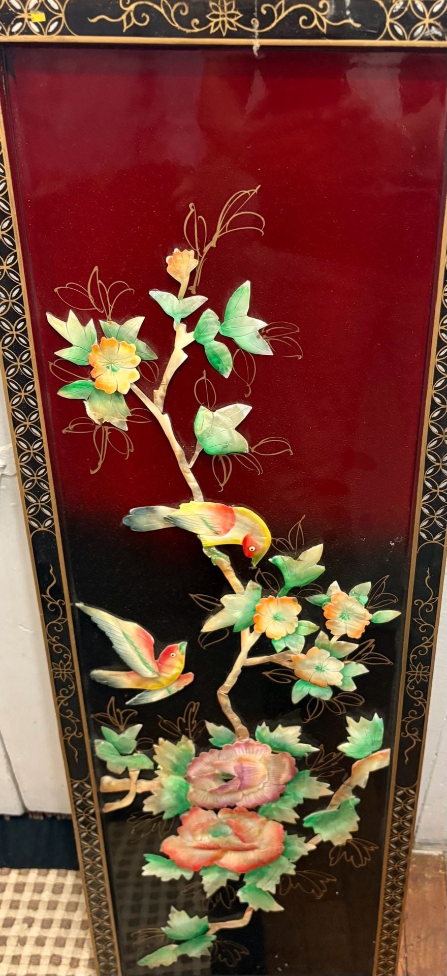 Vintage Oriental Asian White Mother of Pearl Four Panel Screen Flowers & Birds 1