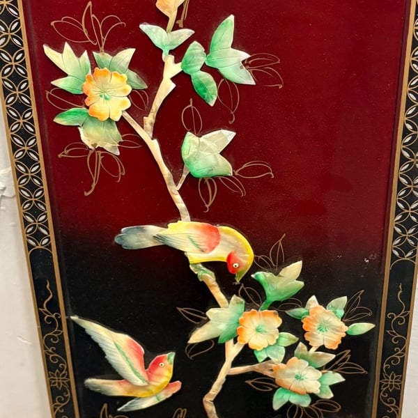 Vintage Oriental Asian White Mother of Pearl Four Panel Screen Flowers & Birds