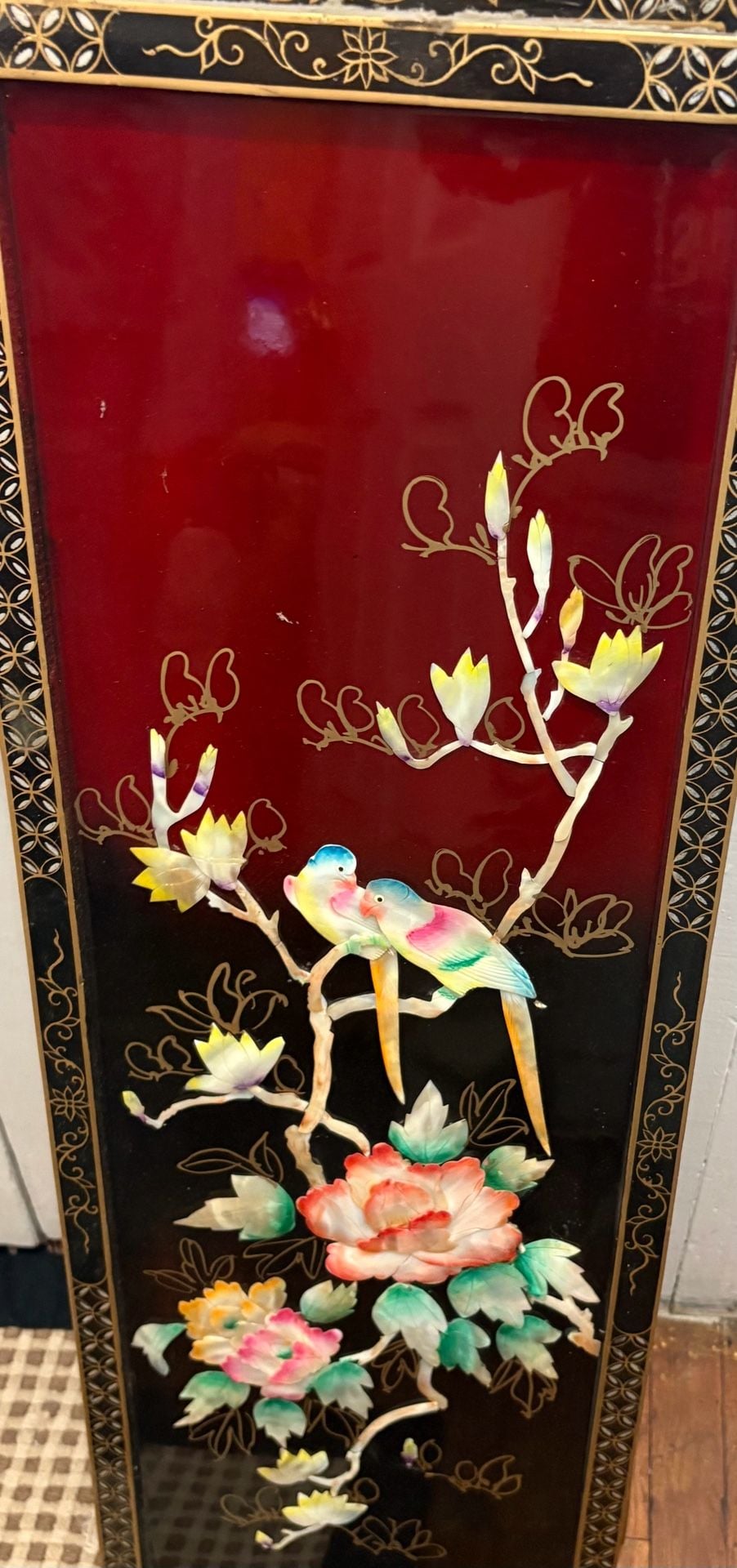 Vintage Oriental Asian White Mother of Pearl Four Panel Screen Flowers & Birds 2