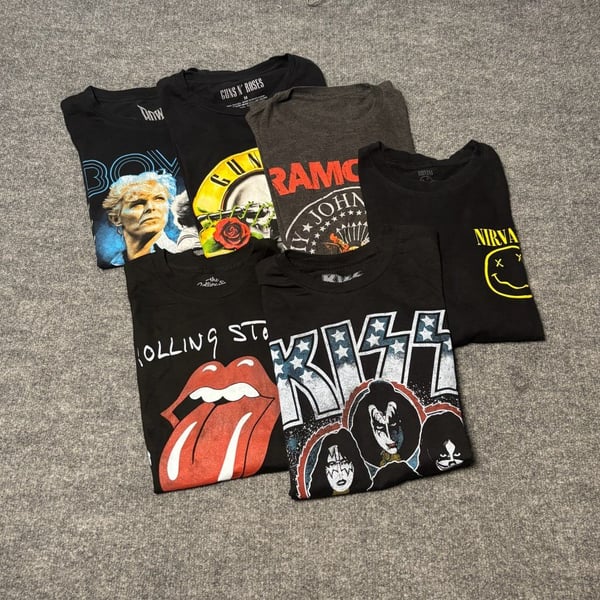 Lot of 6 Rock Band Graphic T-Shirts KISS Rolling Stones Nirvana Bowie Size Medium