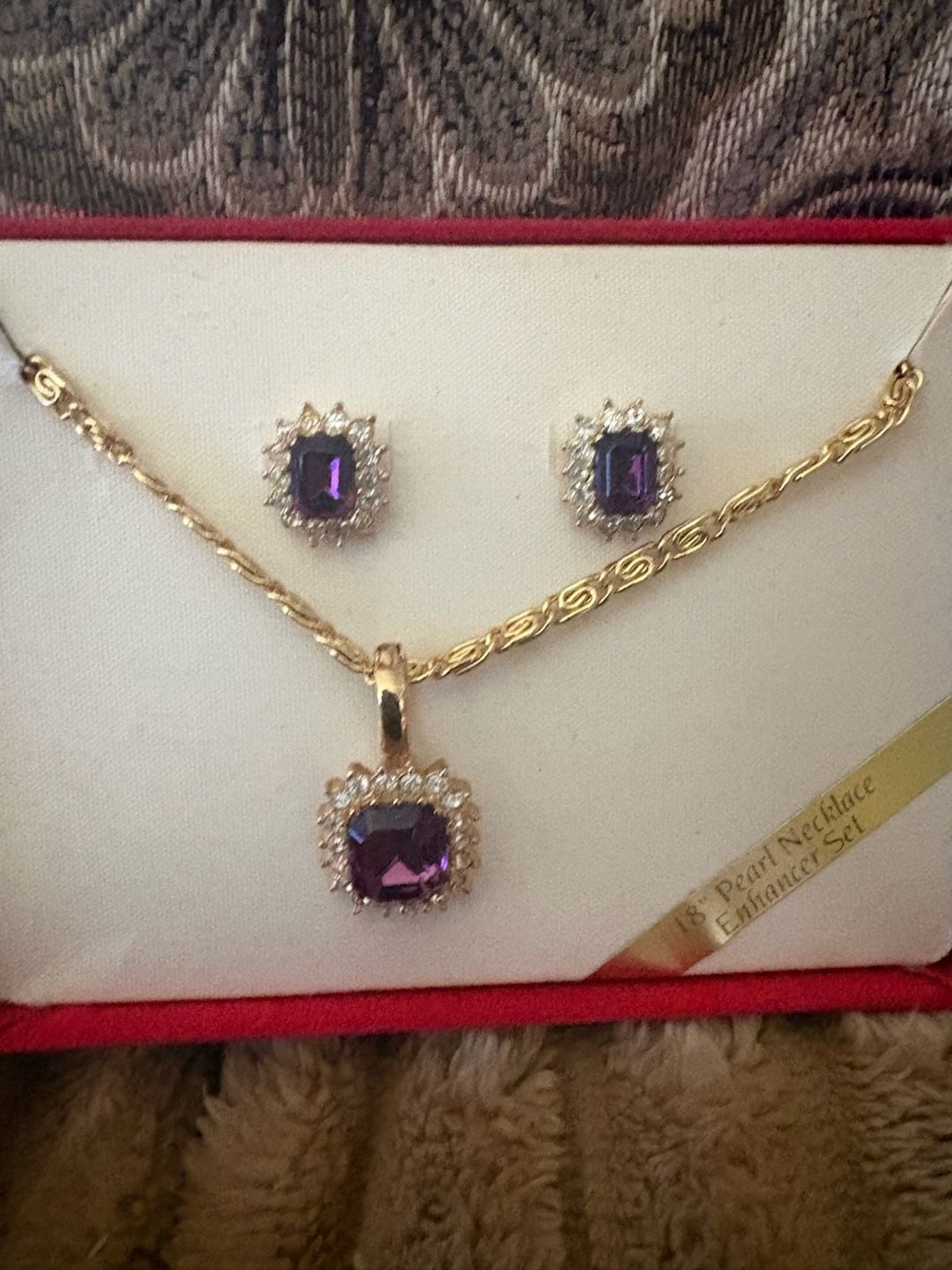 Roman Gold Tone Faux Amethyst and Rhinestone Halo Necklace and Earrings Set 1