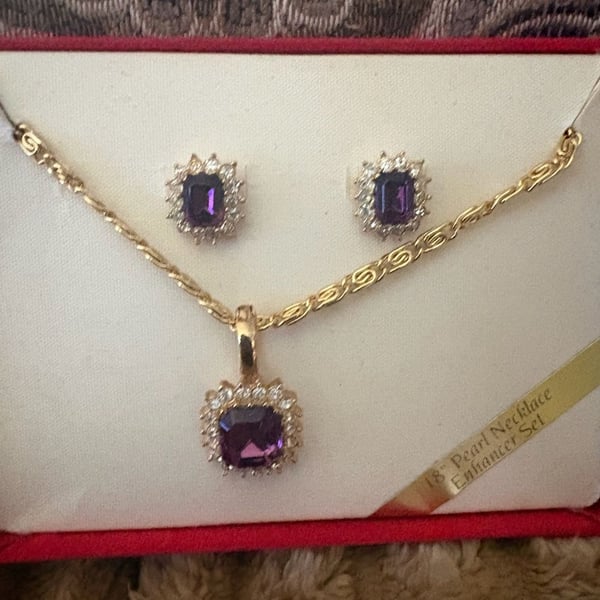 Roman Gold Tone Faux Amethyst and Rhinestone Halo Necklace and Earrings Set