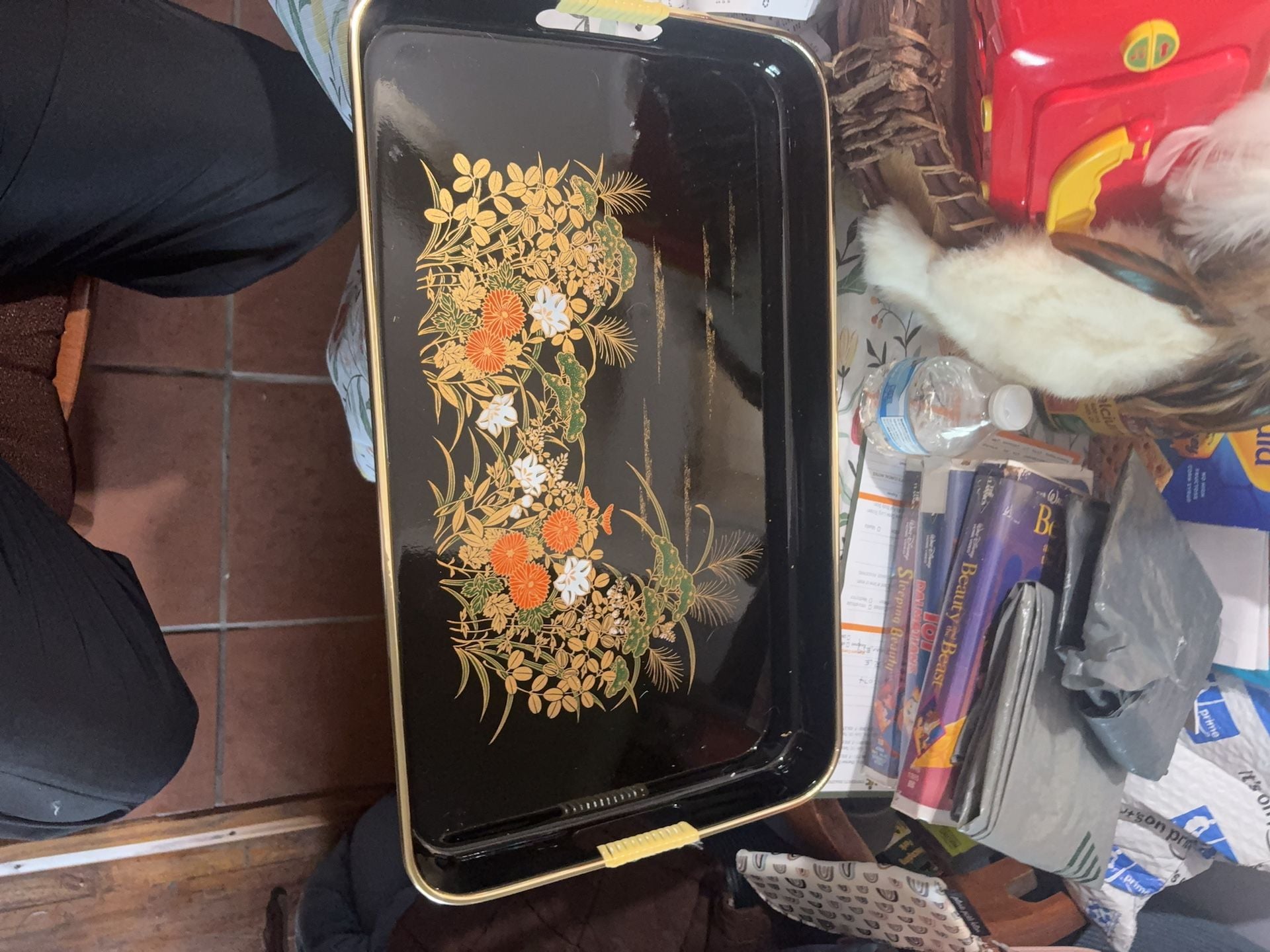 Japanese Wajima Lacquer Trays Set of 2 Gold Floral Maki-e Tea Ceremony Meiji Era 1