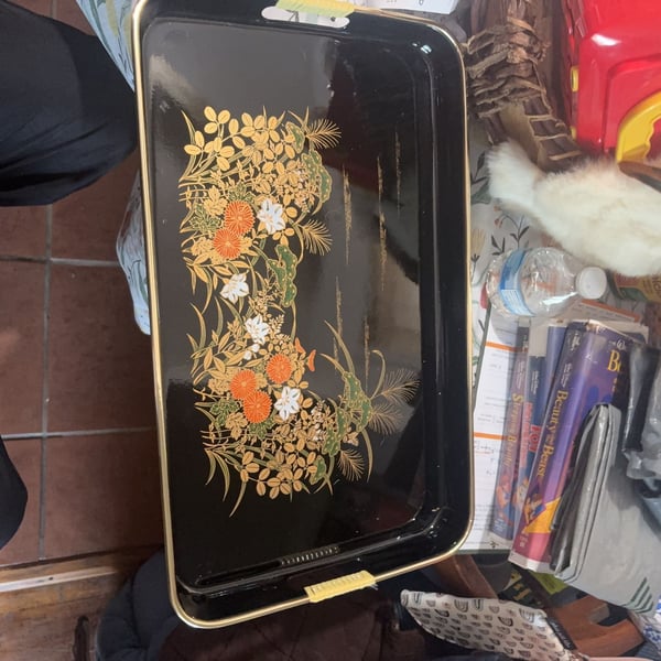 Japanese Wajima Lacquer Trays Set of 2 Gold Floral Maki-e Tea Ceremony Meiji Era