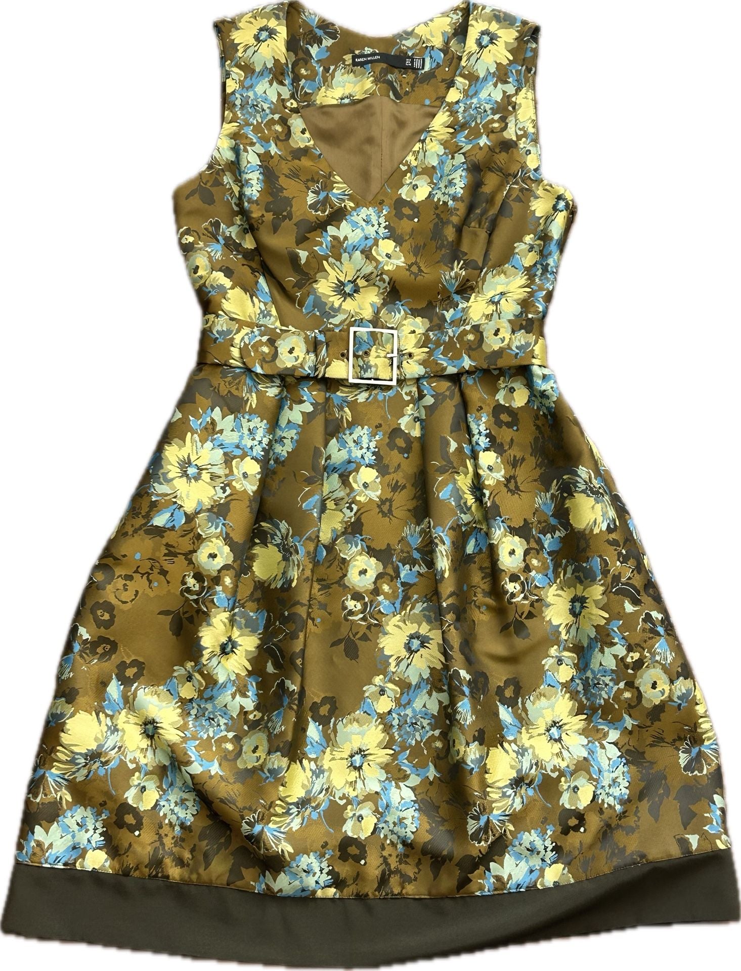 Karen Millen Olive Green Floral Print Sleeveless Belted Dress Size 10 2