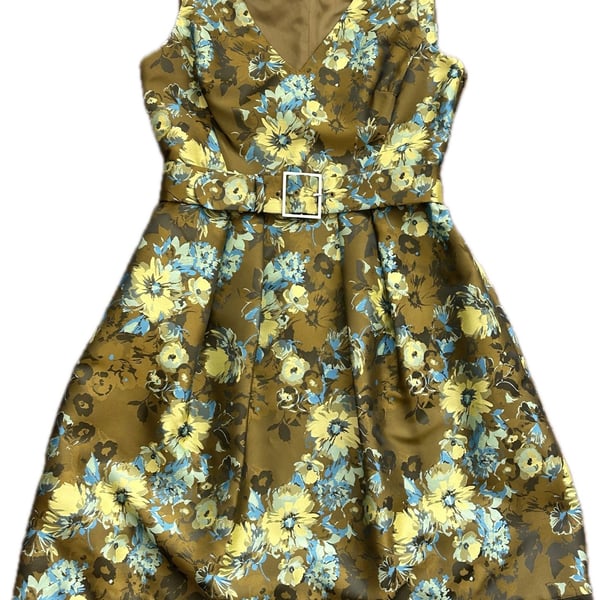Karen Millen Olive Green Floral Print Sleeveless Belted Dress Size 10